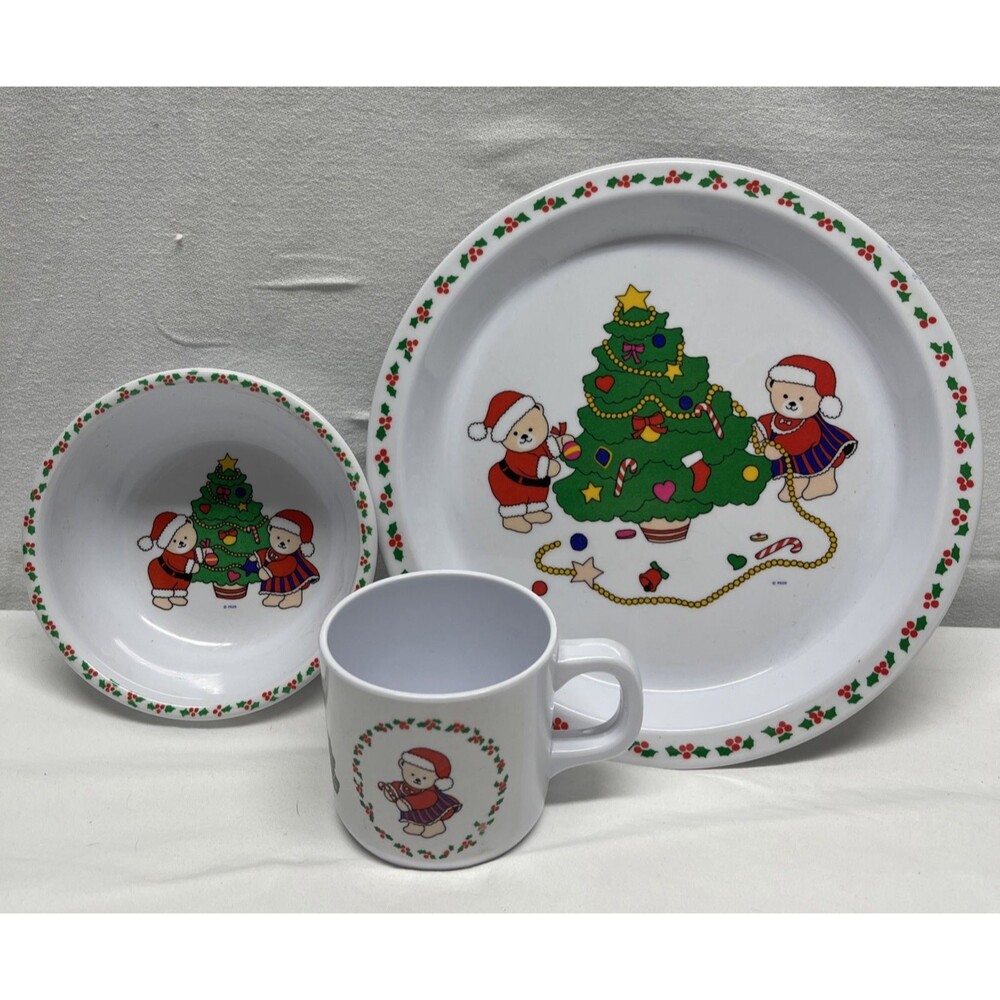 Vintage Peco Melamine Children's Set of 3 Santa Bear Christmas Plate Bowl Cup